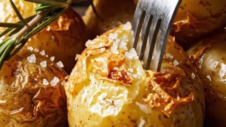 A close-up of golden, crispy British roast potatoes in a rustic roasting tin with rosemary.