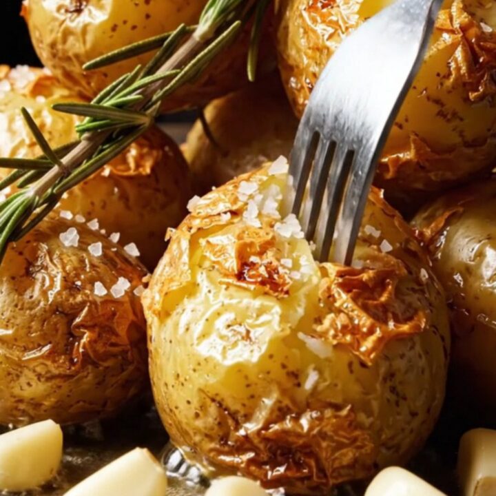 A close-up of golden, crispy British roast potatoes in a rustic roasting tin with rosemary.
