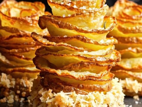A golden-brown crispy potato rose standing upright, showing delicate fanned layers.