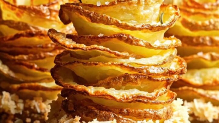 A golden-brown crispy potato rose standing upright, showing delicate fanned layers.