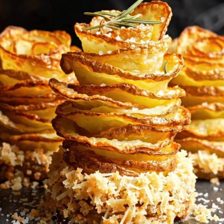 A golden-brown crispy potato rose standing upright, showing delicate fanned layers.