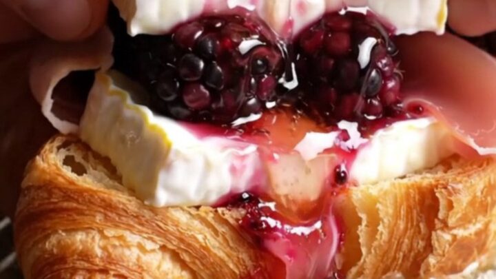 A close-up shot of a crispy golden croissant melt oozing with melted Brie and fresh blackberries.