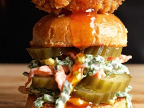 A close-up of a Nashville hot chicken slider with visible honey butter dripping down the side.