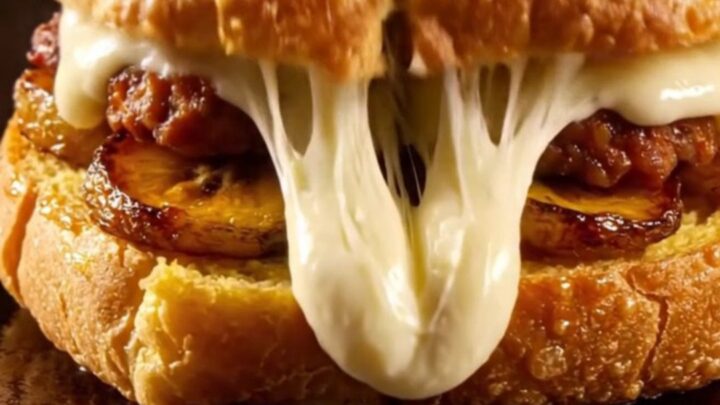 A crispy pressed Cuban melt with visible spicy chorizo, sweet plantains, and stretchy Oaxaca cheese.
