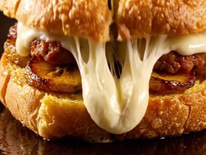 A crispy pressed Cuban melt with visible spicy chorizo, sweet plantains, and stretchy Oaxaca cheese.