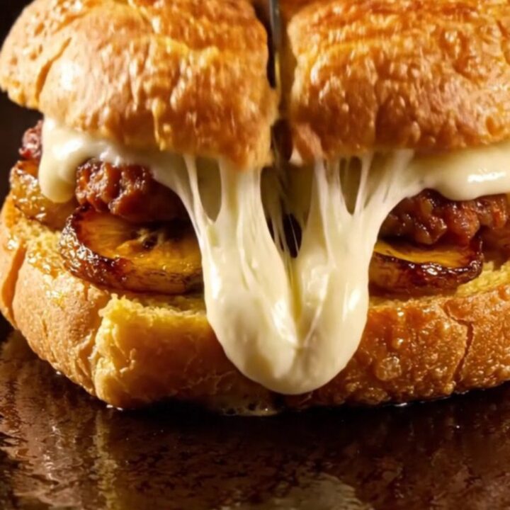 A crispy pressed Cuban melt with visible spicy chorizo, sweet plantains, and stretchy Oaxaca cheese.