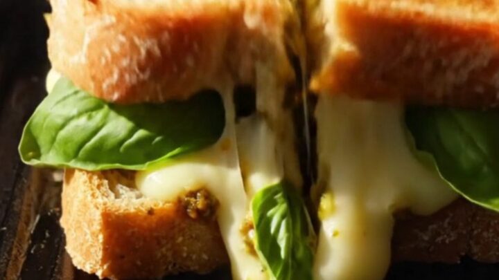 A crispy, grilled sourdough sandwich pulled apart to reveal a gooey, multi-strand cheese stretch with garlic and pesto.
