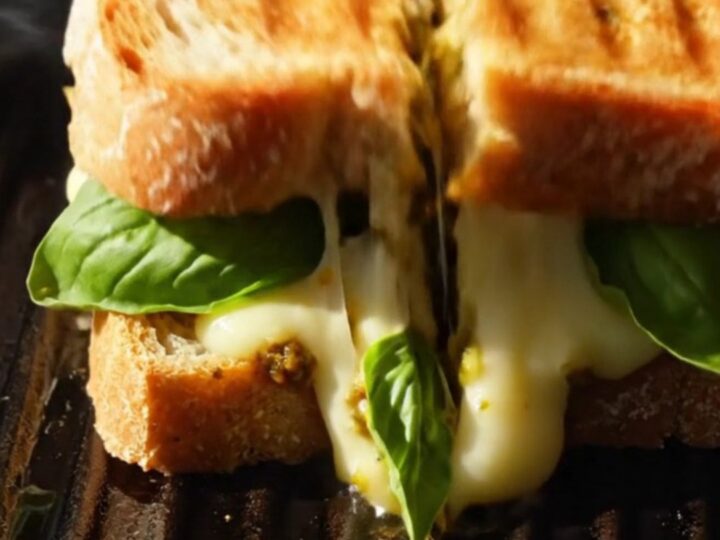 A crispy, grilled sourdough sandwich pulled apart to reveal a gooey, multi-strand cheese stretch with garlic and pesto.