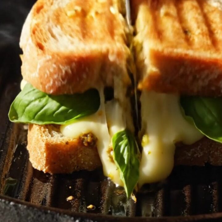 A crispy, grilled sourdough sandwich pulled apart to reveal a gooey, multi-strand cheese stretch with garlic and pesto.