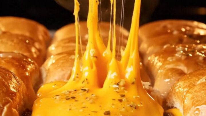 A close-up of a pull-apart garlic butter beef slider with melted cheddar cheese stretching as it is lifted from a pan.