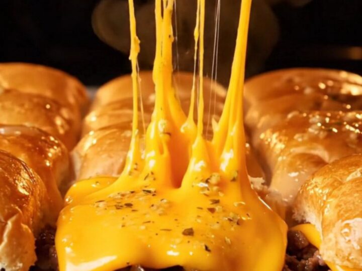 A close-up of a pull-apart garlic butter beef slider with melted cheddar cheese stretching as it is lifted from a pan.