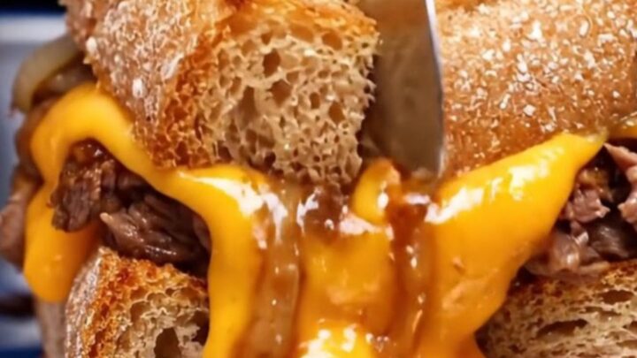 A close-up of a crispy Philly cheesesteak patty melt on sourdough bread with molten cheese dripping from the sides.