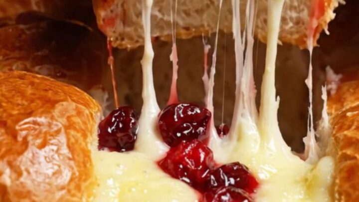 A close-up of warm, golden brown sliders with melted Brie and cranberry sauce spilling out.