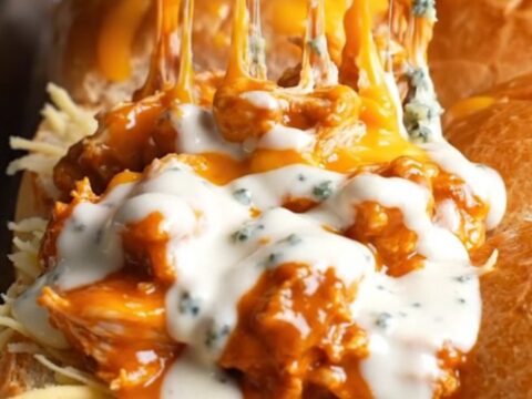 A close-up shot of a sheet pan filled with golden buffalo chicken sliders, with melted cheese pulling apart.