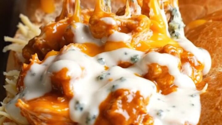 A close-up shot of a sheet pan filled with golden buffalo chicken sliders, with melted cheese pulling apart.