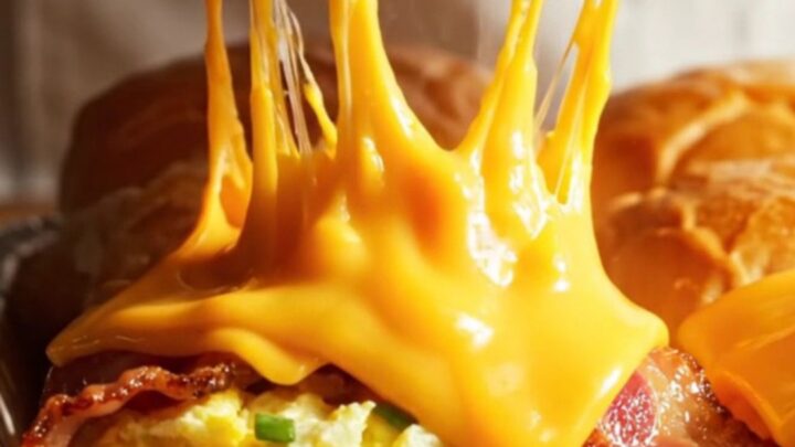A close-up of warm maple-glazed breakfast sliders with fluffy eggs, bacon, and melted cheddar cheese on Hawaiian rolls.