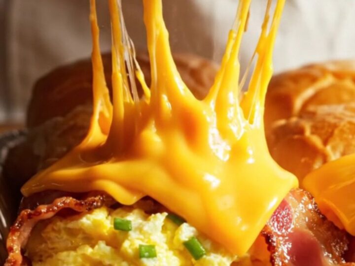 A close-up of warm maple-glazed breakfast sliders with fluffy eggs, bacon, and melted cheddar cheese on Hawaiian rolls.