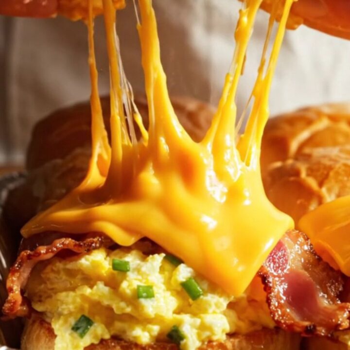 A close-up of warm maple-glazed breakfast sliders with fluffy eggs, bacon, and melted cheddar cheese on Hawaiian rolls.