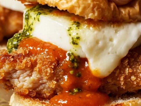 Close-up of crispy chicken parm sliders with vodka sauce and melted mozzarella on brioche buns.