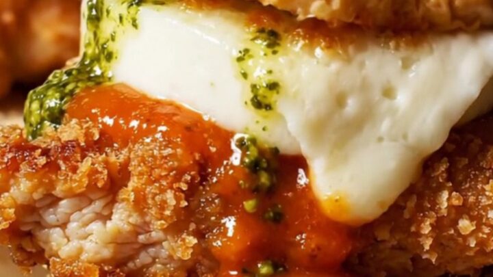 Close-up of crispy chicken parm sliders with vodka sauce and melted mozzarella on brioche buns.