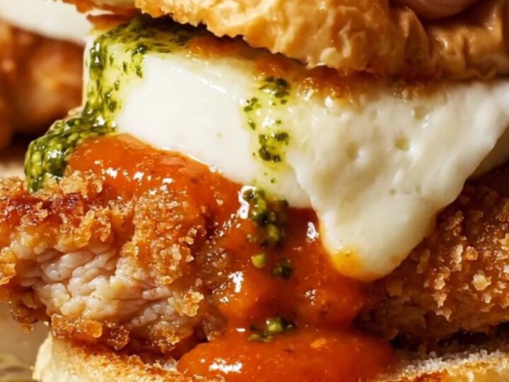 Close-up of crispy chicken parm sliders with vodka sauce and melted mozzarella on brioche buns.