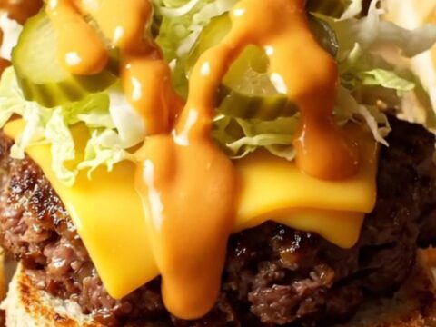 A close-up of a pull-apart Big Mac style smash slider with dripping secret sauce and melted American cheese.