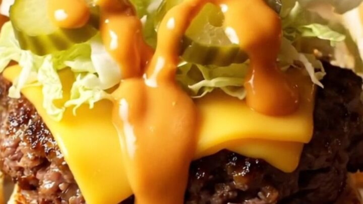 A close-up of a pull-apart Big Mac style smash slider with dripping secret sauce and melted American cheese.