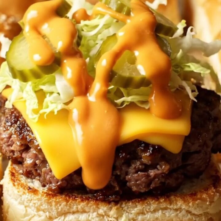 A close-up of a pull-apart Big Mac style smash slider with dripping secret sauce and melted American cheese.