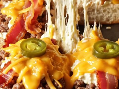 A close-up shot of a jalapeño popper beef slider showing molten cheese and crispy bacon.