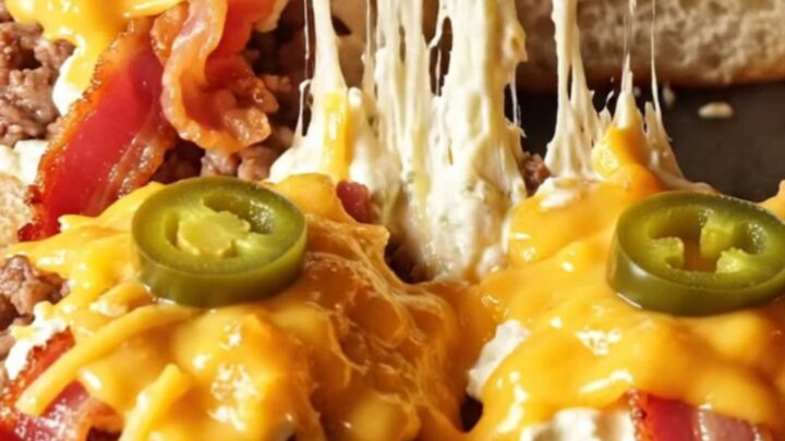 A close-up shot of a jalapeño popper beef slider showing molten cheese and crispy bacon.