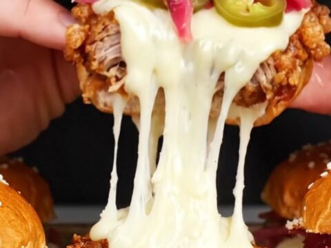 A close-up of crispy pork carnitas sliders on a rustic wooden board with a visible cheese pull.