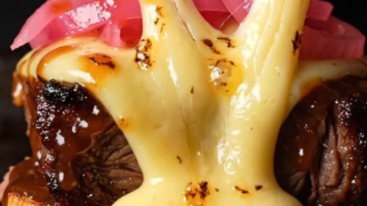 A close-up of a smoked brisket burnt ends slider with melted Gouda cheese and a glossy barbecue glaze.
