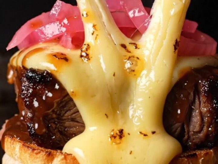 A close-up of a smoked brisket burnt ends slider with melted Gouda cheese and a glossy barbecue glaze.