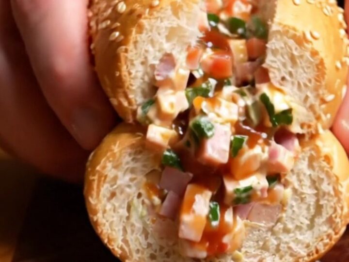A close-up shot of a chopped Italian sub sandwich on a wooden board