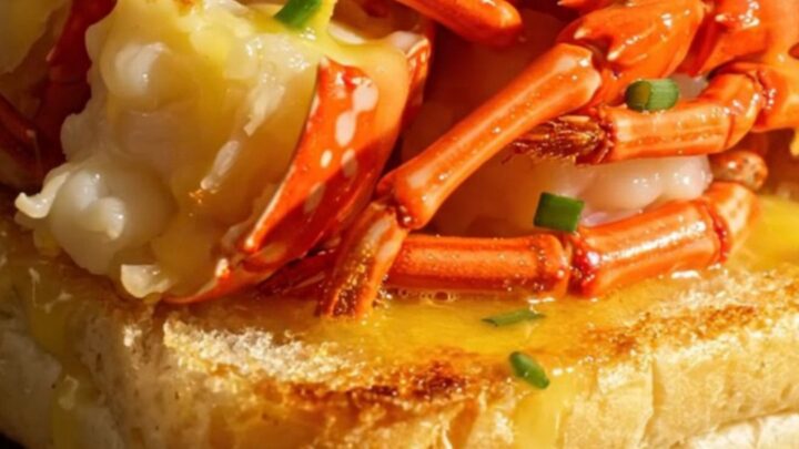 A close-up view of a golden-brown toasted split-top brioche roll overflowing with tender, butter-poached lobster meat.
