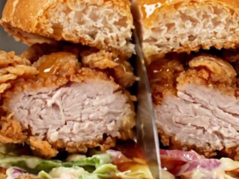 A crispy golden-fried chicken breast sandwich on a toasted bun with fresh slaw and a glistening hot honey glaze.