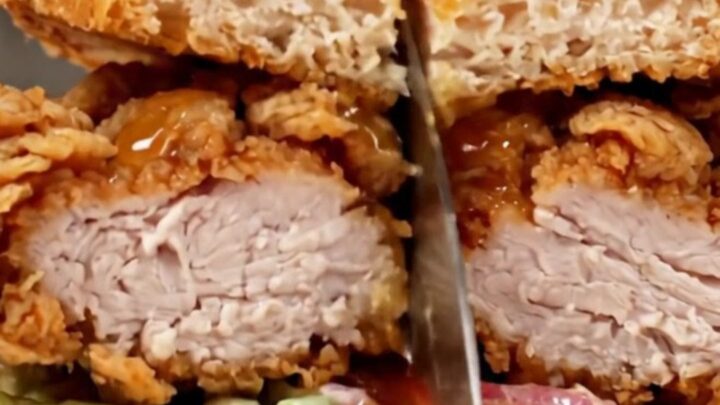 A crispy golden-fried chicken breast sandwich on a toasted bun with fresh slaw and a glistening hot honey glaze.