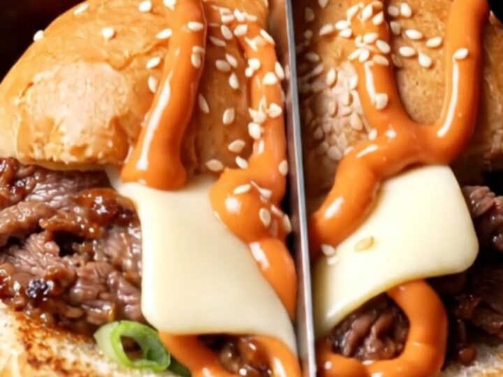 A close-up shot of a Korean bulgogi cheesesteak sub with melted American cheese and gochujang mayo.