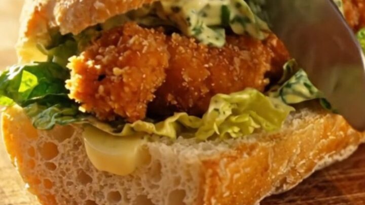 A crispy chicken Caesar salad stuffed inside a warm, golden-brown garlic-buttered ciabatta baguette on a patio table.