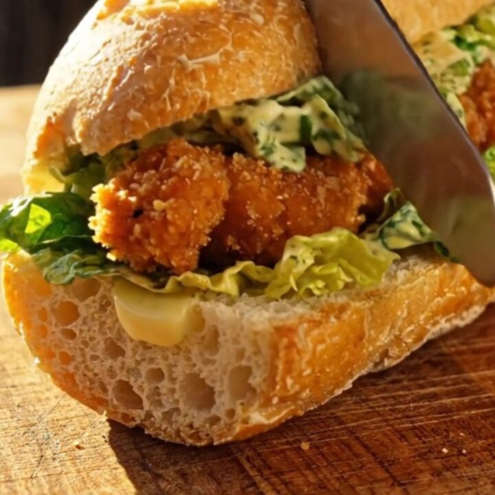 A crispy chicken Caesar salad stuffed inside a warm, golden-brown garlic-buttered ciabatta baguette on a patio table.