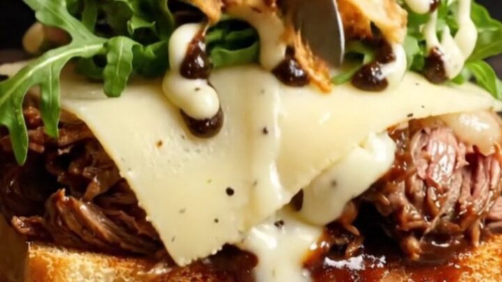 A gourmet braised beef cheek sandwich on a toasted brioche bun with melted Gruyère cheese and truffle aioli.