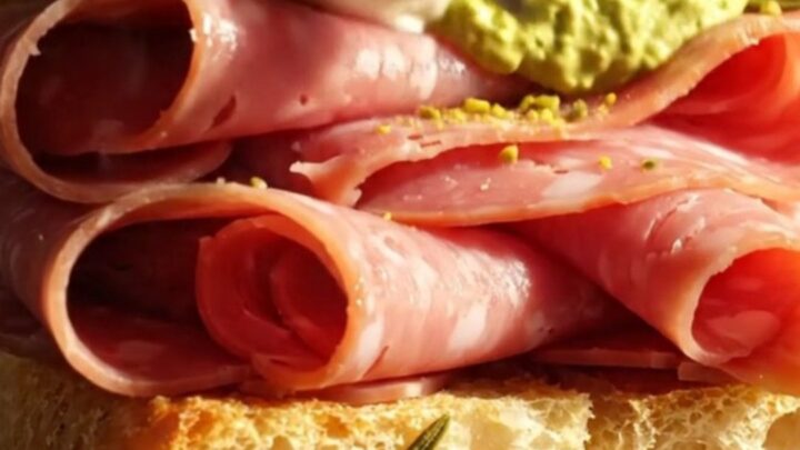A close-up shot of a crispy rosemary focaccia sandwich overflowing with folded mortadella, creamy stracciatella cheese