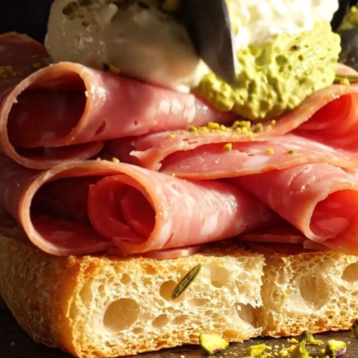 A close-up shot of a crispy rosemary focaccia sandwich overflowing with folded mortadella, creamy stracciatella cheese