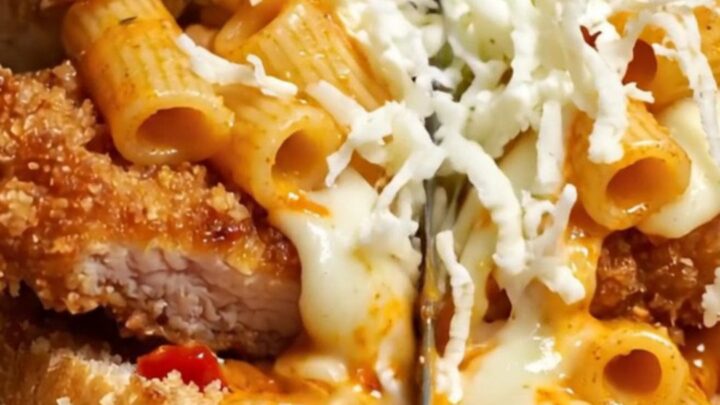 A close-up shot of a crispy chicken parm and vodka rigatoni hero sub cut in half.