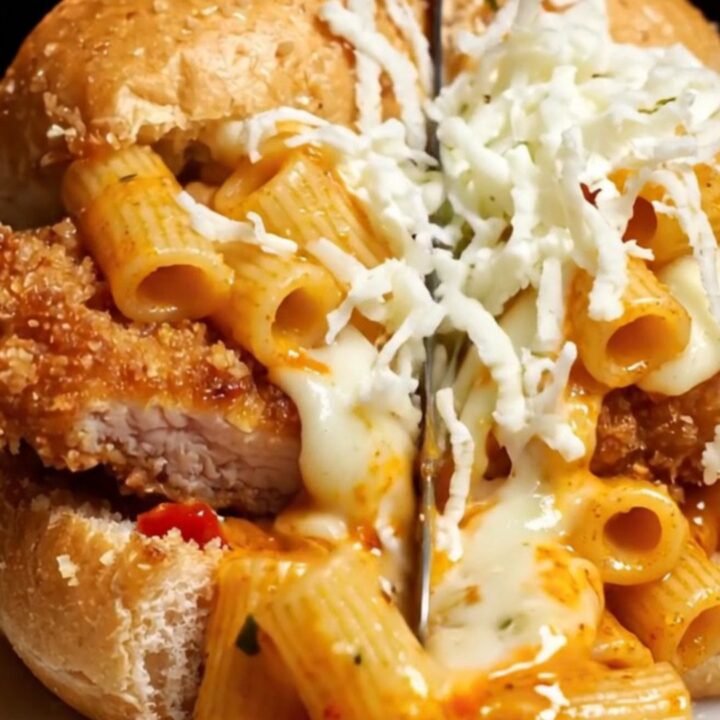 A close-up shot of a crispy chicken parm and vodka rigatoni hero sub cut in half.