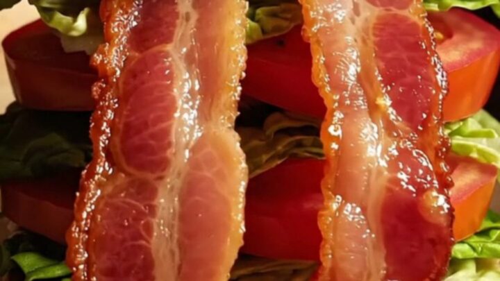 A close-up of a perfectly constructed sourdough BLT showing crispy bacon, vibrant tomato, and fresh lettuce.