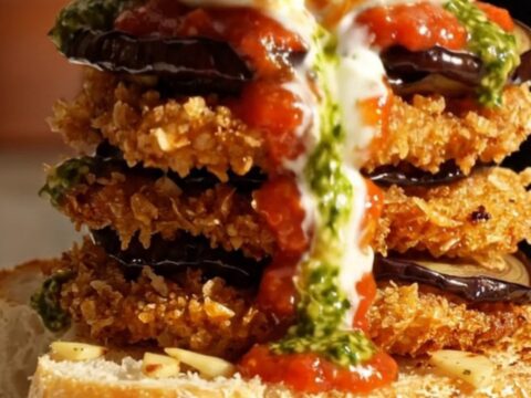 A crispy golden-fried eggplant parmigiana sandwich on toasted ciabatta with creamy burrata and basil pesto.