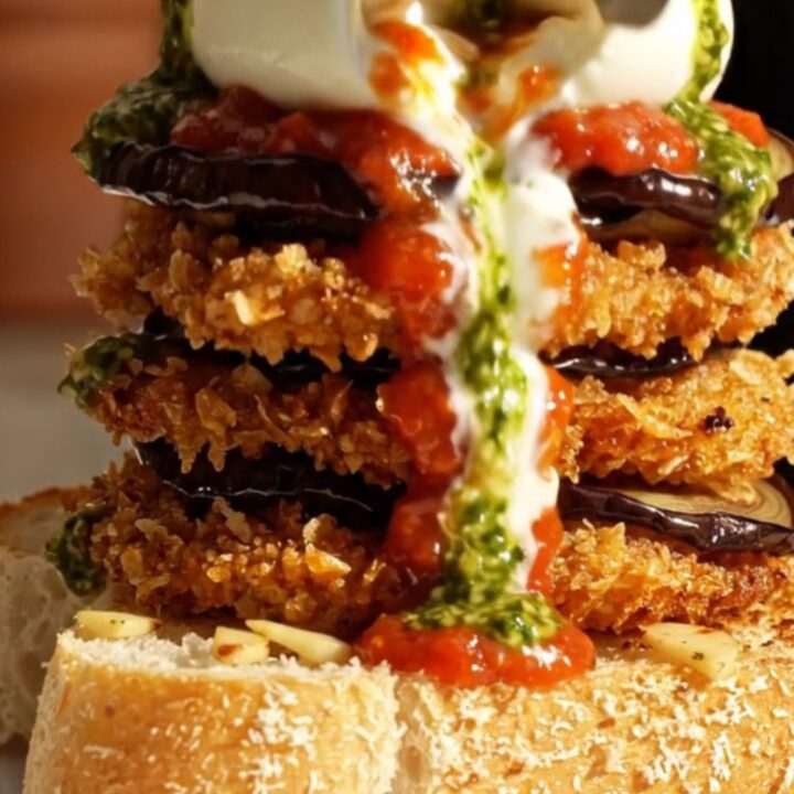 A crispy golden-fried eggplant parmigiana sandwich on toasted ciabatta with creamy burrata and basil pesto.