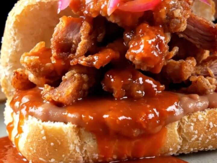 A vibrant Torta Ahogada drenched in fiery red chile sauce and topped with pickled onions on a rustic plate.
