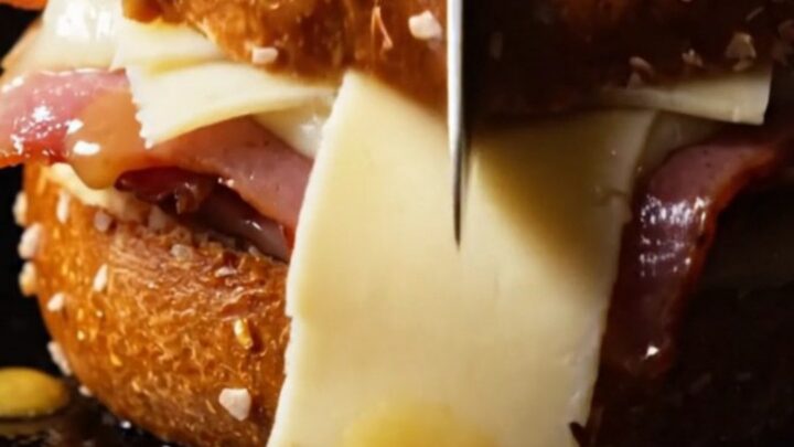A close-up of a honey-mustard glazed ham and Gruyère sandwich on a toasted pretzel bun with visible cheese pull.